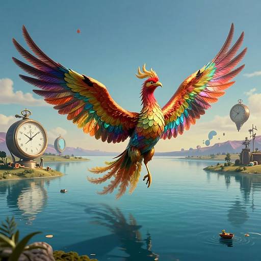 Digital artwork of a vibrant, multicolored phoenix with outstretched wings soaring over a serene, clock-filled lake with balloons and boats.
