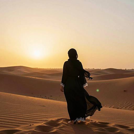 Woman in Black Hijab at Sunset Desert