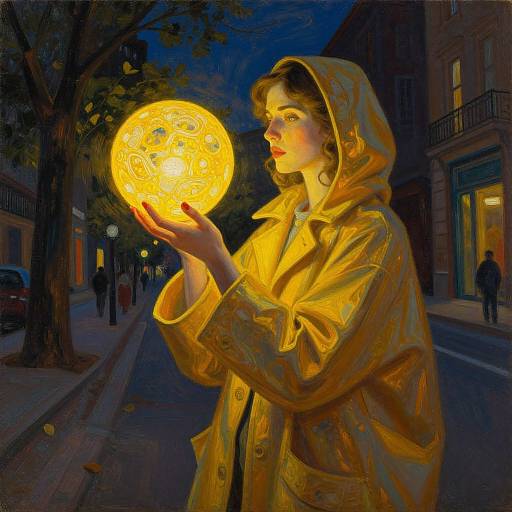 Digital painting of a woman in a yellow raincoat holding a glowing, orange orb on a dark, urban street at night.
