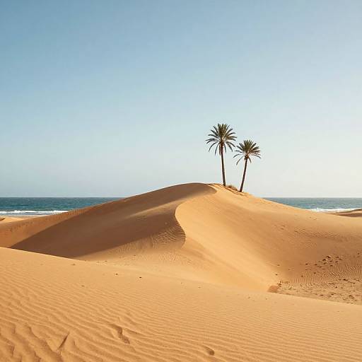Photograph of a sunny desert with golden sand dunes, two tall palm trees on a hill, and a clear blue sky and ocean in the background