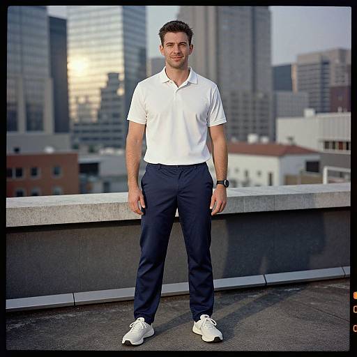Photograph of a smiling, short-haired, Caucasian man in a white polo and navy pants standing on a rooftop, cityscape background. Wearing white
