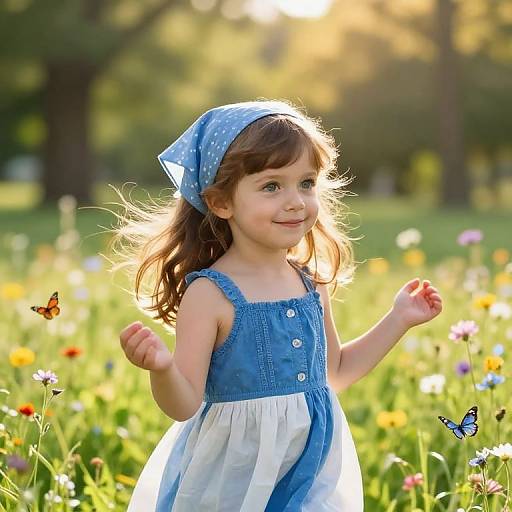 Photograph of a smiling young girl with brown hair, wearing a blue polka-dot headband and sleeveless blue and white dress, dancing in a