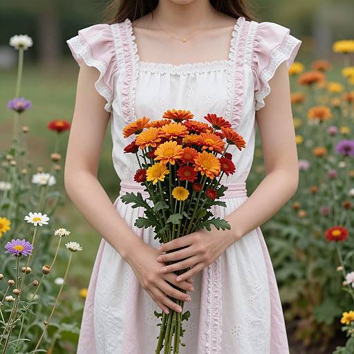 Photograph of a woman in a white, lace-trimmed dress holding a bouquet of orange and red flowers in a colorful garden.