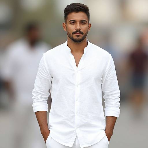 Photograph of a handsome, dark-haired man with a trimmed beard, wearing a crisp white long-sleeve shirt, standing confidently in a blurred urban