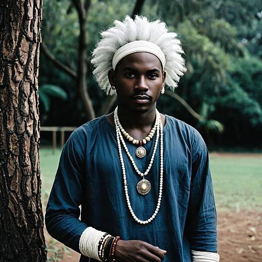Stylish dark-skinned man with white hair and jewelry outdoors