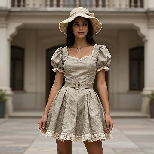 Photograph of a young woman with long black hair wearing a beige, lace-trimmed dress and matching hat, standing in front of a classical building