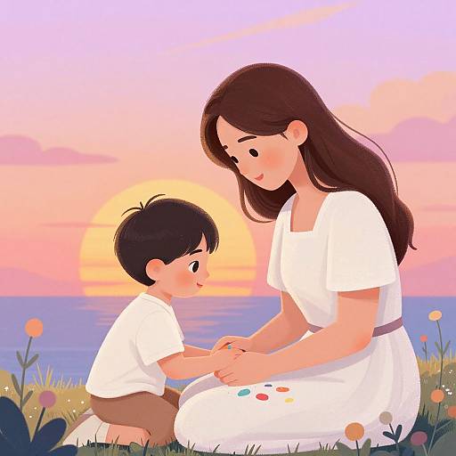Digital illustration of a woman with long brown hair and a white dress, kneeling beside a young boy with black hair, by a sunset ocean, holding hands