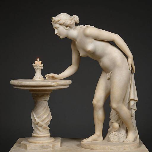 Photograph of a classical marble statue depicting a nude, pregnant woman leaning over a candle-lit pedestal, with dark background.