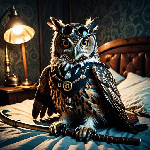 Steampunk Owl Aviator with Scythe on Bed