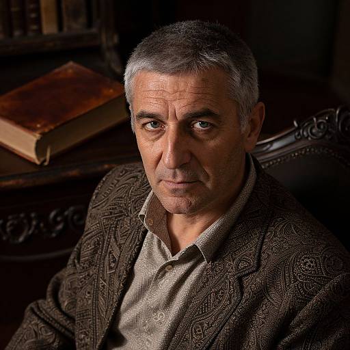 Photograph of an older man with gray hair, wearing a patterned brown blazer and beige shirt, seated in a dimly lit room with vintage