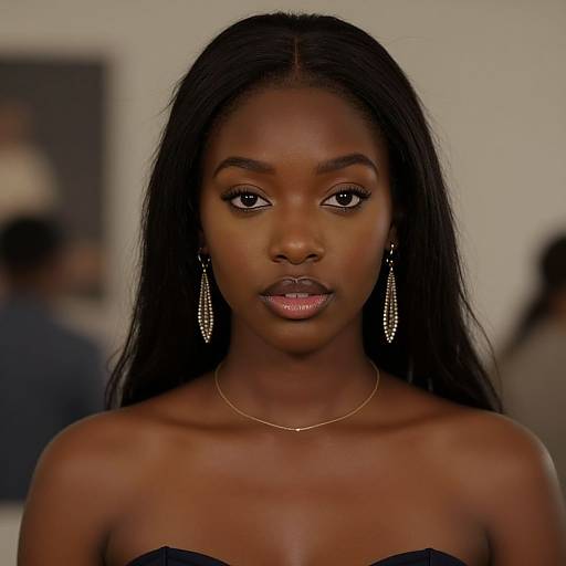 Photograph of a beautiful Black woman with long straight hair, wearing silver drop earrings, a thin gold necklace, and a black strapless top, with
