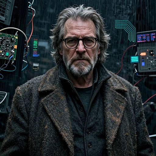 Photograph of a gray-haired, bearded man with glasses, wearing a dark, textured coat, standing in a rainy, neon-lit cyberpunk