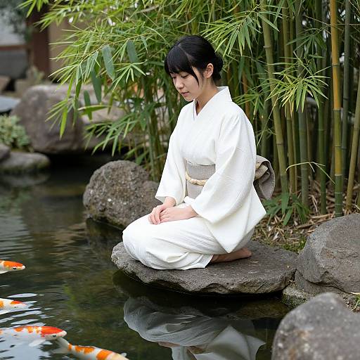 Photograph of an East Asian woman with black hair, dressed in a white kimono, kneeling on a rock by a serene bamboo-lined pond with orange