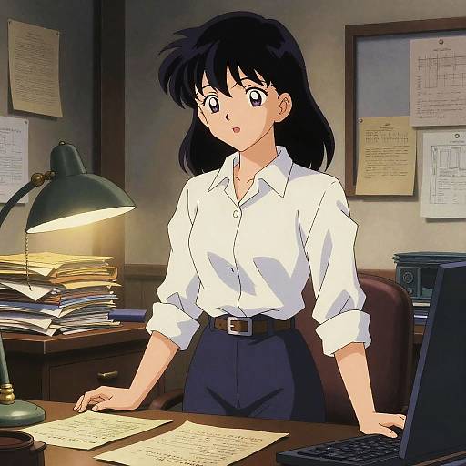 Anime-style illustration of a black-haired woman in a white shirt and black skirt, working at a cluttered office desk with a lamp, papers, and