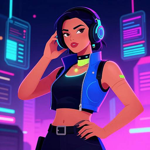 Digital illustration of a confident woman with dark hair, wearing blue headphones, a blue sleeveless vest, black crop top, and high-waisted pants
