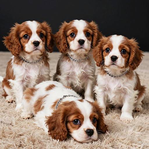 Three Fluffy Cavalier Puppies Cuddling