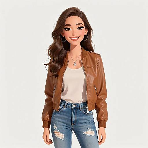 Digital illustration of a smiling woman with long brown hair, wearing a brown leather jacket, white shirt, and ripped blue jeans.