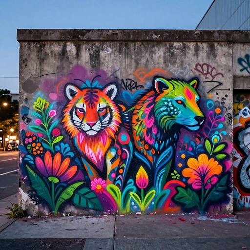 Vibrant graffiti mural of a neon-colored tiger and wolf surrounded by glowing flowers on a concrete urban wall at dusk.