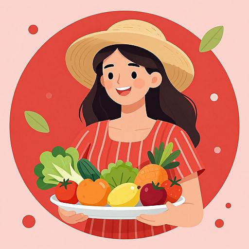 Digital illustration of a smiling woman with long black hair, wearing a straw hat and red striped shirt, holding a plate of colorful fresh vegetables against a red
