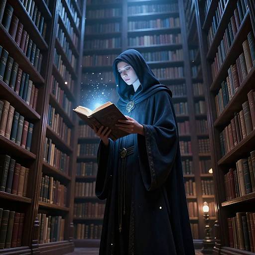 Photograph-style digital artwork of a hooded, robed woman with glowing blue book emitting light, standing in a dimly lit, vast library with