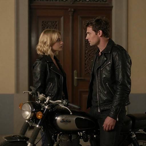 Man and Woman in Leather Jackets Beside Vintage Motorcycle