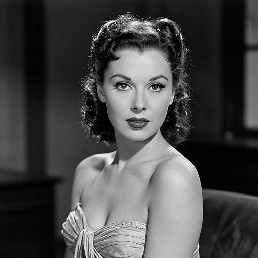 Black-and-white photograph of a 1940s-style woman with curled dark hair, wearing a strapless, textured dress, gazing directly at the