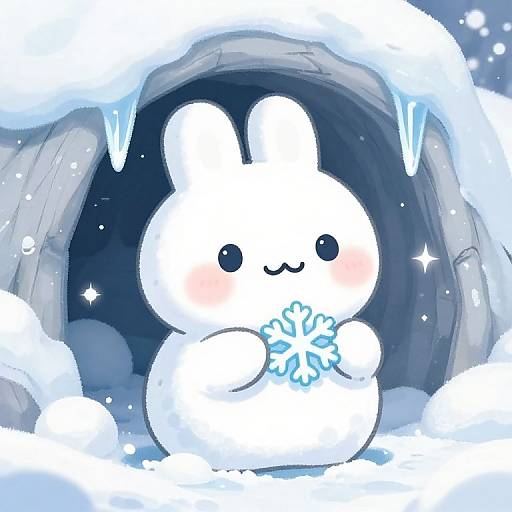 Cute white bunny snowman with blushing cheeks, holding a blue snowflake, sitting in an icy cave with icicles and snow. Digital art