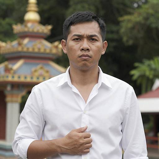 Serious Asian Man in White Shirt Near Temple