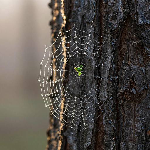 Dew-Covered Spider Web on Tree Bark