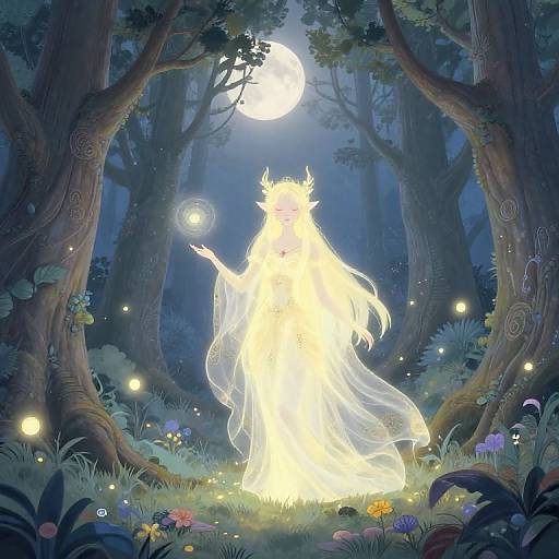 Illuminated, ethereal forest spirit with glowing crown and veil, holding a radiant orb, stands under a bright moon in a magical, moonlit