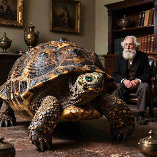Photograph of an enormous, intricately patterned tortoise in a dimly lit, elegant study with an elderly white-bearded man in a black