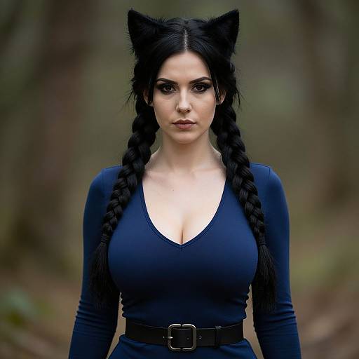 Digital artwork of a pale-skinned woman with black cat ears, long braided black hair, large breasts, wearing a tight blue V-neck top and