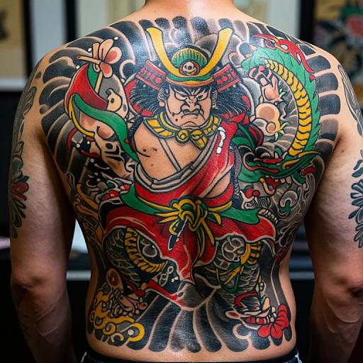 Photograph of a tattooed Asian man's back featuring vibrant, traditional Japanese-style dragon and samurai warrior design with bold colors and intricate details.