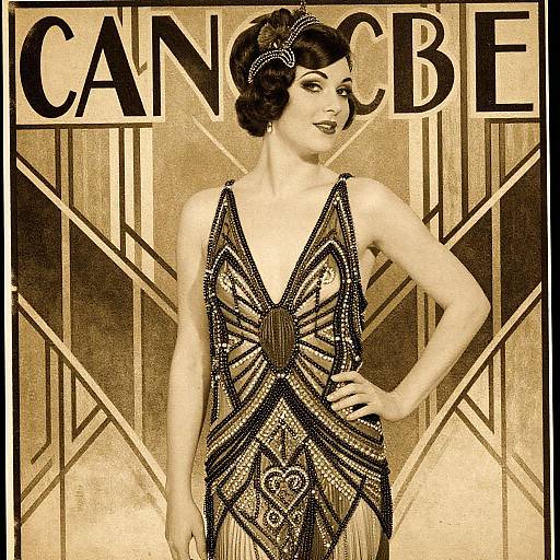 Vintage Art Deco illustration of a glamorous woman in a beaded, geometric-patterned flapper dress, standing confidently with hand on hip, against a