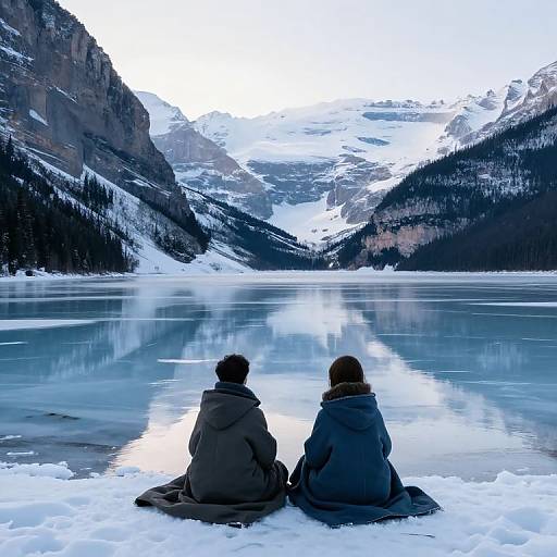 Photograph of two people in winter coats sitting on snowy shore, facing a serene, reflective mountain lake with snow-capped peaks.