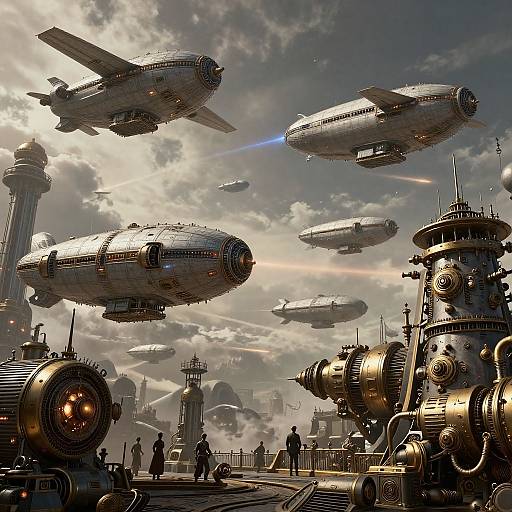 Science fiction illustration of a futuristic airfield with flying zeppelins, vintage aircraft, and industrial machinery under a cloudy sky.