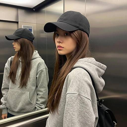 Young Woman in Metal Elevator Reflection