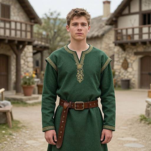 Photograph of a young white man with short brown hair, wearing a green medieval-style tunic with gold embroidery and brown belt, standing in a stone