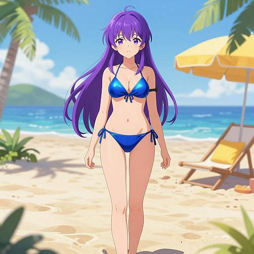 Anime-style digital artwork of a purple-haired girl in a blue bikini walking on a sunny beach with palm trees and an umbrella.