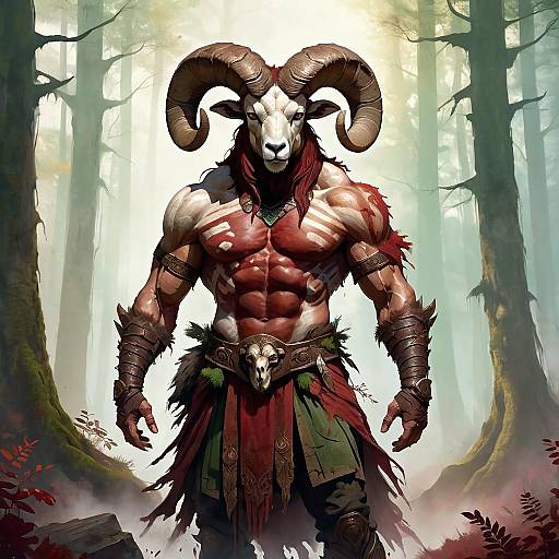 Ancient Ram-Headed Mythic Forest Warrior