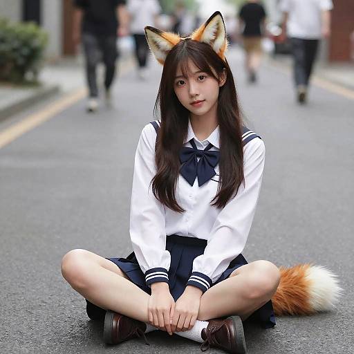 Young Woman in School Uniform with Fox Accessories