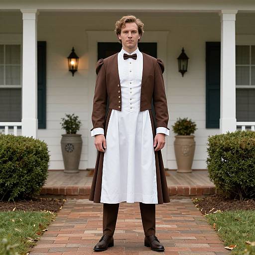 Photograph of a Caucasian man with curly brown hair, wearing a brown velvet jacket, white dress shirt, black bow tie, and long white apron