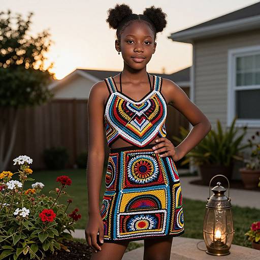 Photograph of a young Black girl with natural afro puffs, wearing a colorful, beaded geometric-patterned sleeveless top and skirt, standing