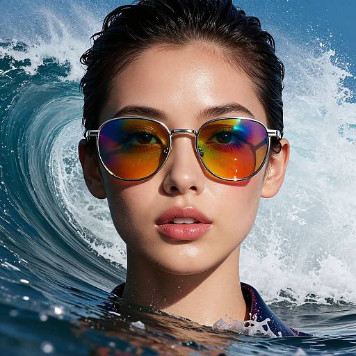 Photorealistic digital artwork of a fair-skinned woman with slicked-back dark hair, wearing rainbow-tinted sunglasses, against a crashing ocean wave