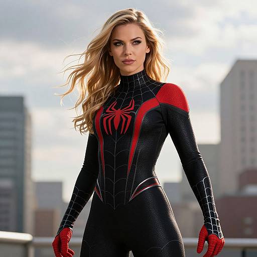 Confident Woman in Black-Red Spider Suit