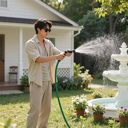 Man Watering Garden on Sunny Day