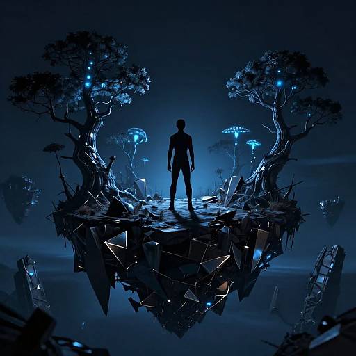 Digital artwork of a silhouetted human standing on a glowing, floating, futuristic island surrounded by luminescent, bioluminescent trees in