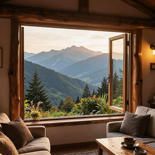 Rustic Window Framing Mountain Sunrise