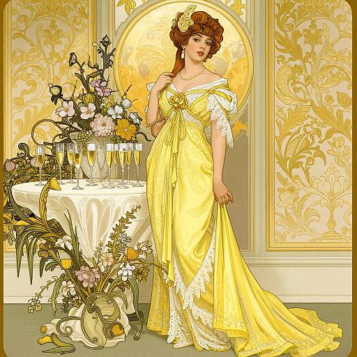 Digital illustration of a red-haired woman in a yellow, lace-trimmed gown, standing in an ornate, floral-patterned room with a table
