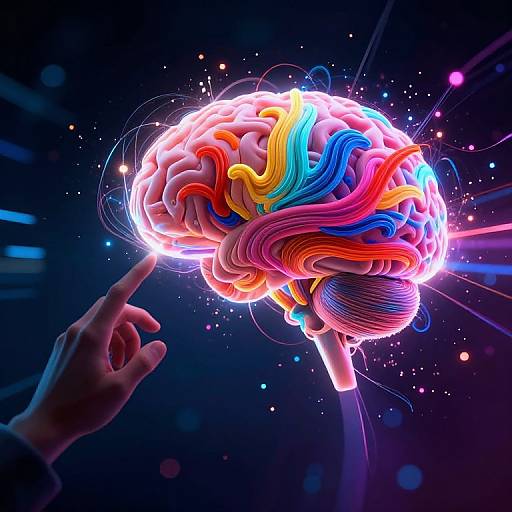 Digital illustration of a glowing, multicolored brain with neon hues, floating above a hand pointing at it, set against a dark, starry background